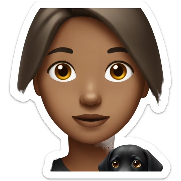 Girl with long brown hair and brown eyes and a black lab sticker