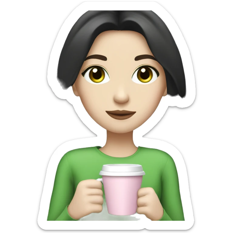girl with pale skin, very long dark black hair and green eyes and light pink outfit drinking a latte sticker