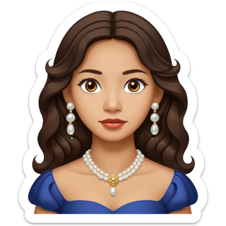 Tan Filipino woman with dark brown eyes and long dark wavy hair parted in the middle wearing a traditional filipiniana and white pearl stud earrings and no other jewelry sticker