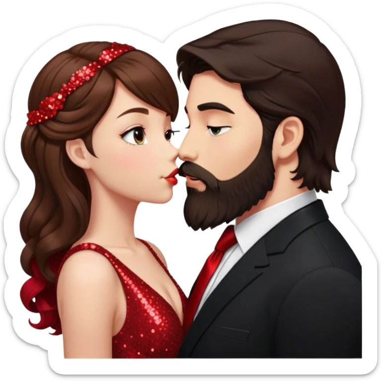 Guy with dark hair and a nice beard kissing a pretty girl with long brown hair that is curled. He is wearing an all black suit with a red tie and she is wearing a red sparkly dress sticker