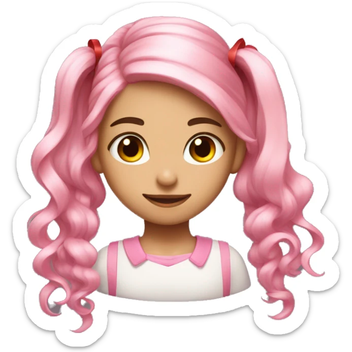 Girl with light pink hair and a ponytail supported by a red ribbon with long curly hair sides and pink eyes sticker
