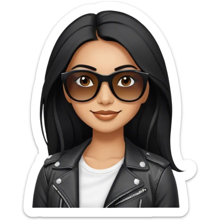 beautiful fit woman, with long straight black hair, with make up, black eye liner, smile mooth close, mexican, brown skin, wearing white tee, wearing leather black jacket, solar black wayfarer on the tip of the nose sticker