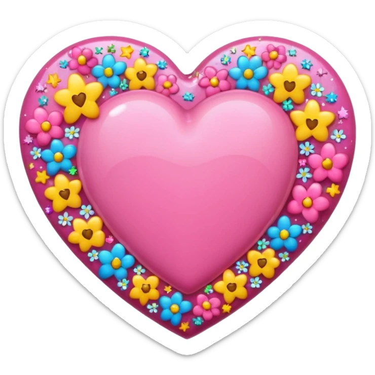 Colorful emoji-style icon of a large pink heart surrounded by sparkles, stars, and small flowers, representing overflowing love and joy. Bright and happy Apple-style emoji, glossy finish, white background. sticker