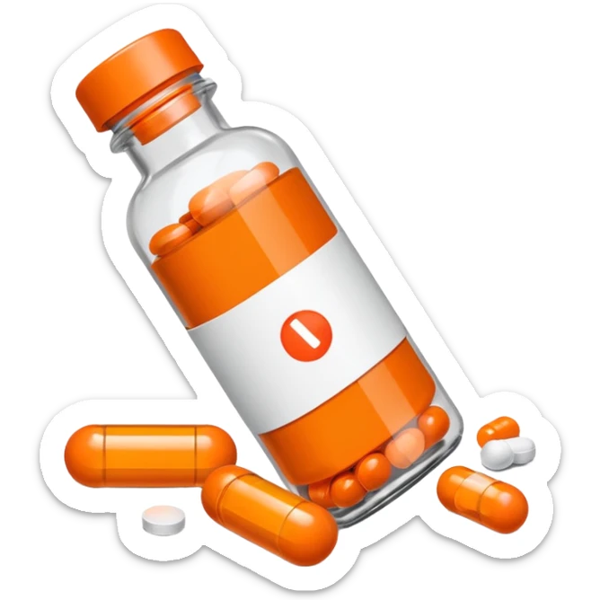 Motrin medicine bottle on it’s side with a couple of orange pills spilling out sticker