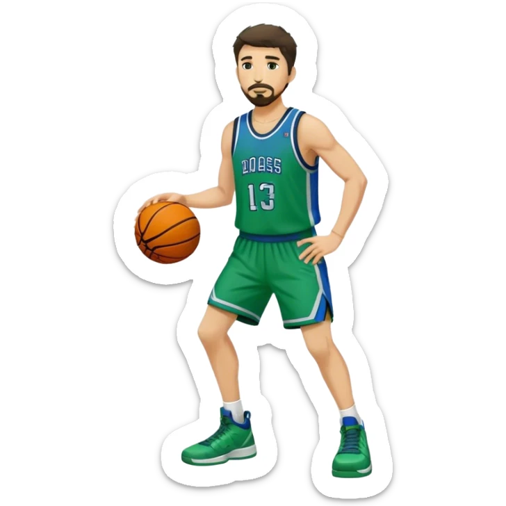 Full Body white male basketball player with short dark shaggy hair and goatee wearing blue and green uniform sticker