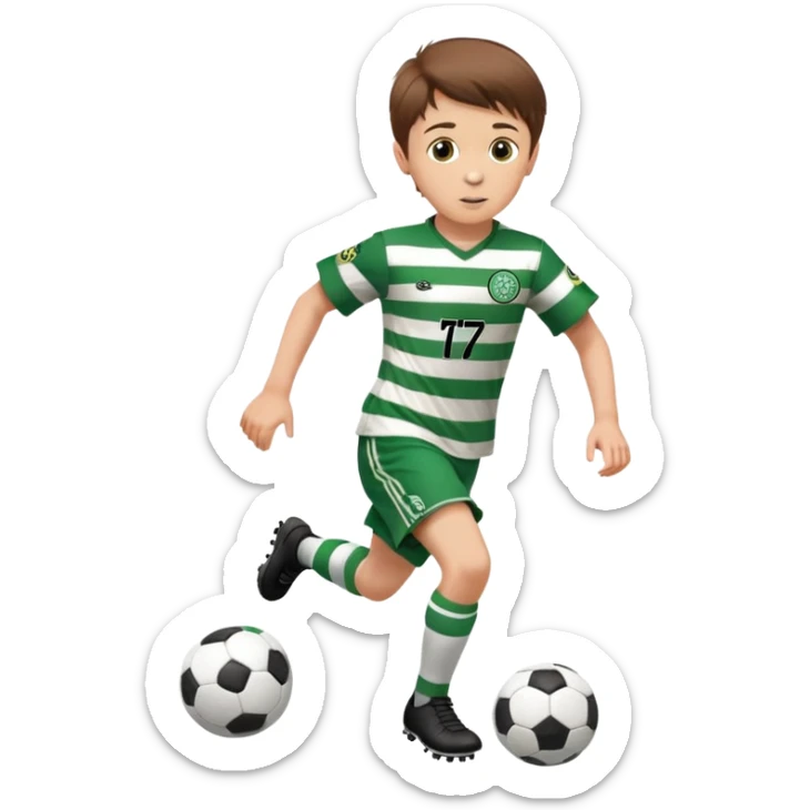 Celtic footballer jersey logo  6 years old brown hair white boy , brown eyes , stripes uniform , RUNNING  with soccer ball # 17 celtic football logo PUT ONLY ONE LOGO ONE CELTIC LOGO ONLY  sticker