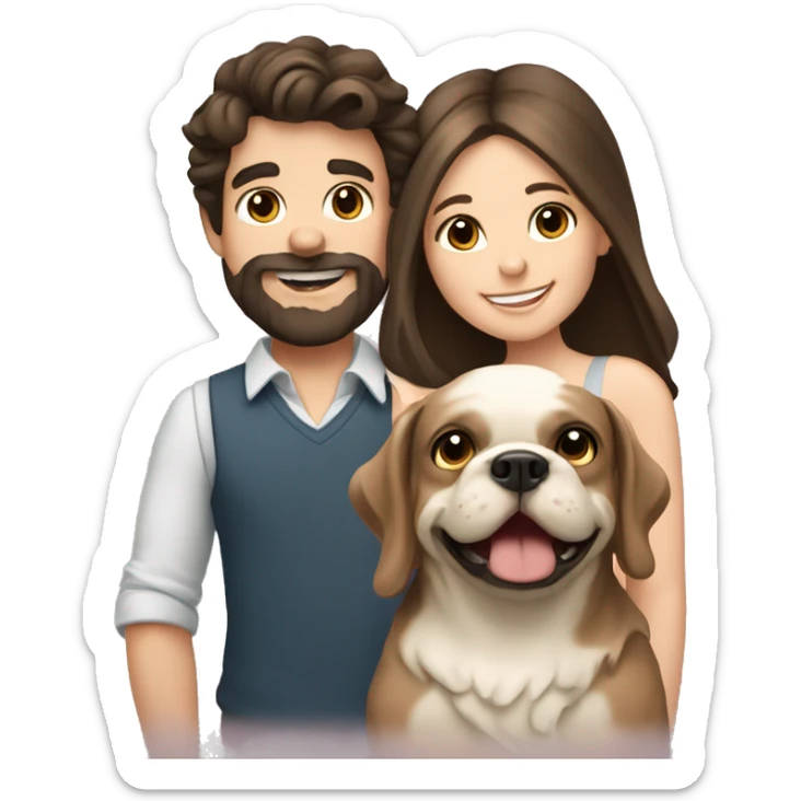 Brunette happy couple boy with beard and girl  with long hair with one cute beige French bull dog  sticker