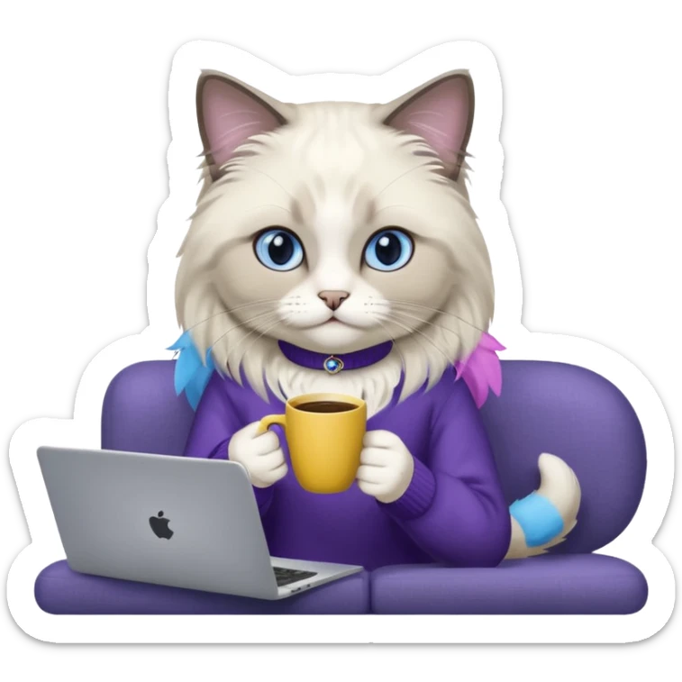 a cute blue eyed ragdoll cat wearing the dark violet sweater with yellow letteting "Milena" sitting on the grey sofa with grey laptop and drinking coffee sticker