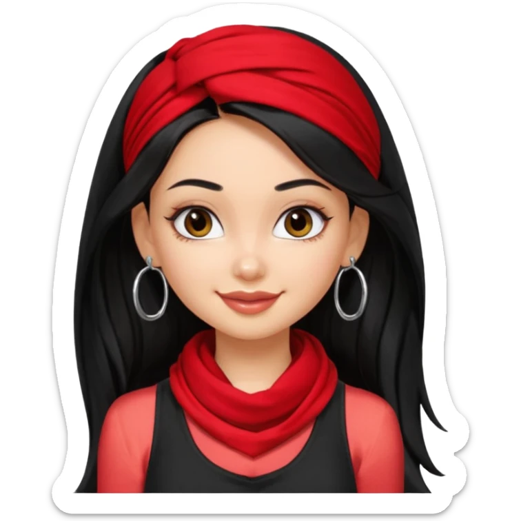 a pretty bratz girl with long black hair, kajal under eyes, small silver hoop. black tank top on. Red scarf around neck sticker