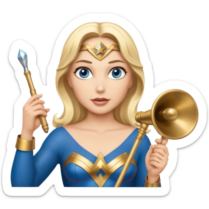 Blonde blue eyed Wonder Woman holding white orchestra conductor’s baton and bell sticker