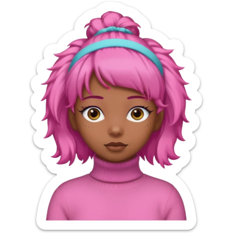 black fluffy haired girl with pink turtleneck sweater and pink hair band sticker