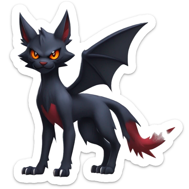   cool edgy beautiful fantasy anime-style dark animal vampiric Litten-Zoroark-Nargacuga-cat-hybrid Fakemon with big fangs and bat-ears full body sticker