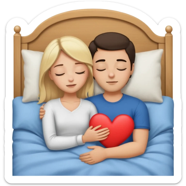 cuddling in bed, asleep. blonde girl. brunette man. eyes closed. heart between them. no headboard sticker