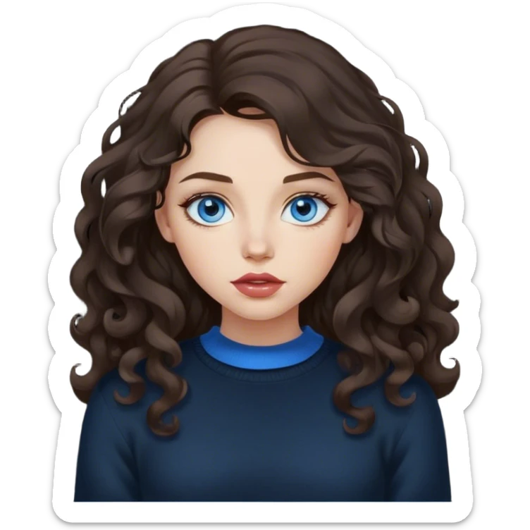 girl with long, lush, slightly curly dark brown hair, big lips and blue eyes, black sweater sticker