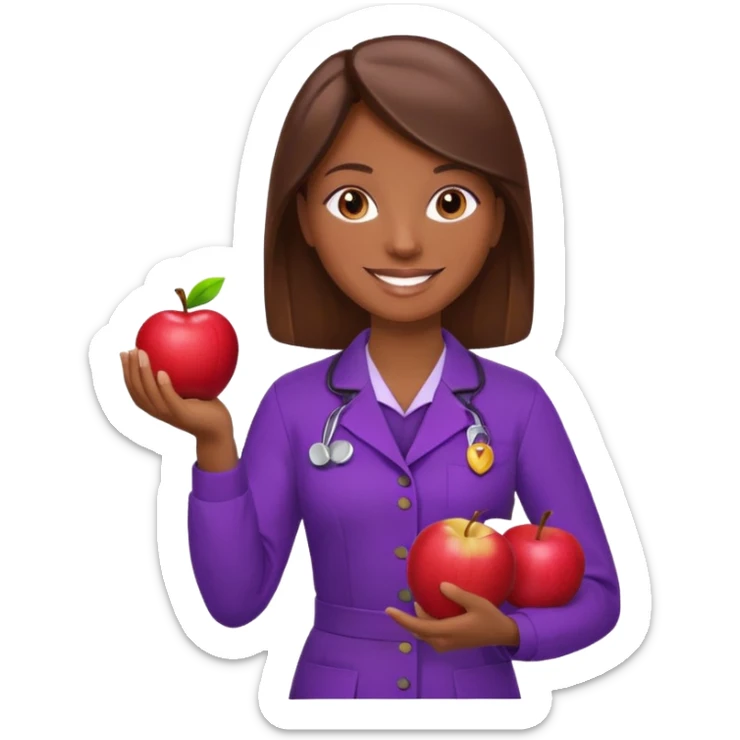 nutricionista castaña chocolate con uniforme morado, sonriendo, mientras sostiene una manzana roja con una mano. sticker