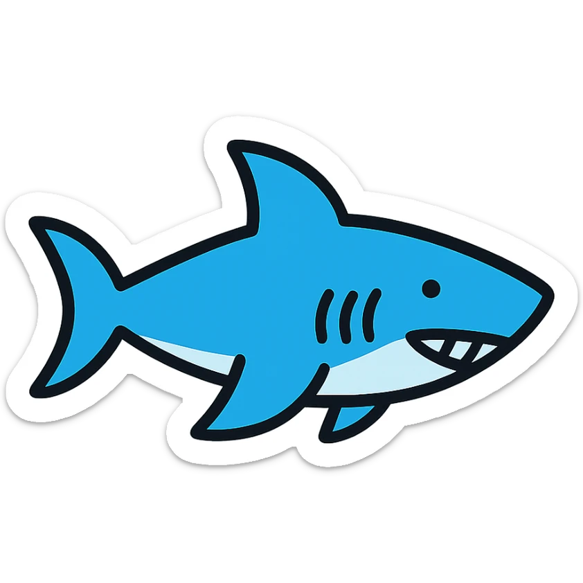 A shark icon with black outlines and filled with color, detailed and clear sticker