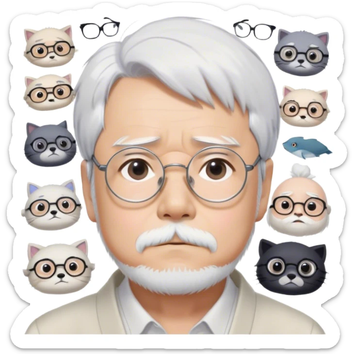 ​Cinematic Realistic Portrait of Hayao Miyazaki, depicted with striking white hair, defined black eyebrows, and large rectangular glasses, his thoughtful expression rendered in lifelike detail against a background of whimsical Studio Ghibli-inspired sketches, illuminated with soft, realistic lighting that emphasizes his creative genius, sticker