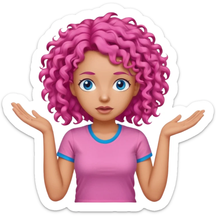 Woman in pink t shirt with pink curly hair and blue eyes shrugging  sticker
