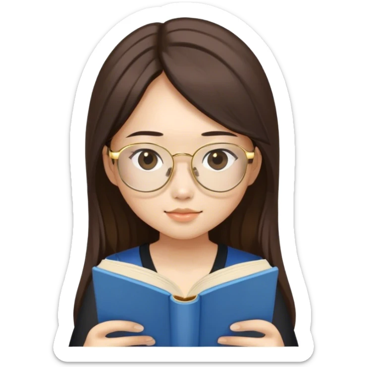 pretty asian girl sitting reading a blue book black top gold glasses long brown hair sticker