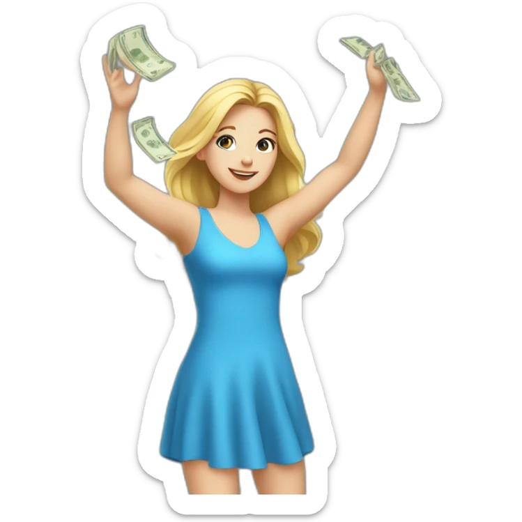 white girl in a blue dress throwing money up in the air. sticker