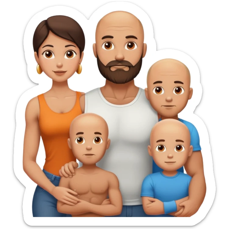 Muscular Bald man with a beard with his young beautiful brunette wife and their 3 sons sticker