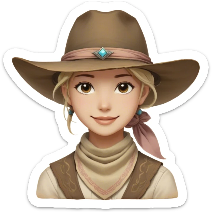 Clash of Clans aesthetic: Beautiful and Majestic Cowboy Portrait Emoji, Rendered in serene confidence with a gentle, enigmatic smile and a regal wide-brimmed hat, showcasing a distinguished, weathered build with a timeless bandana and soft, wise eyes in natural skin tone, Simplified yet exquisitely endearing features, highly detailed, glowing with a soft, majestic western light, high shine, calm and heroic, stylized with an air of legendary frontier elegance, soft glowing outline, capturing the essence of a majestic cowboy whose noble spirit inspires epic journeys! sticker
