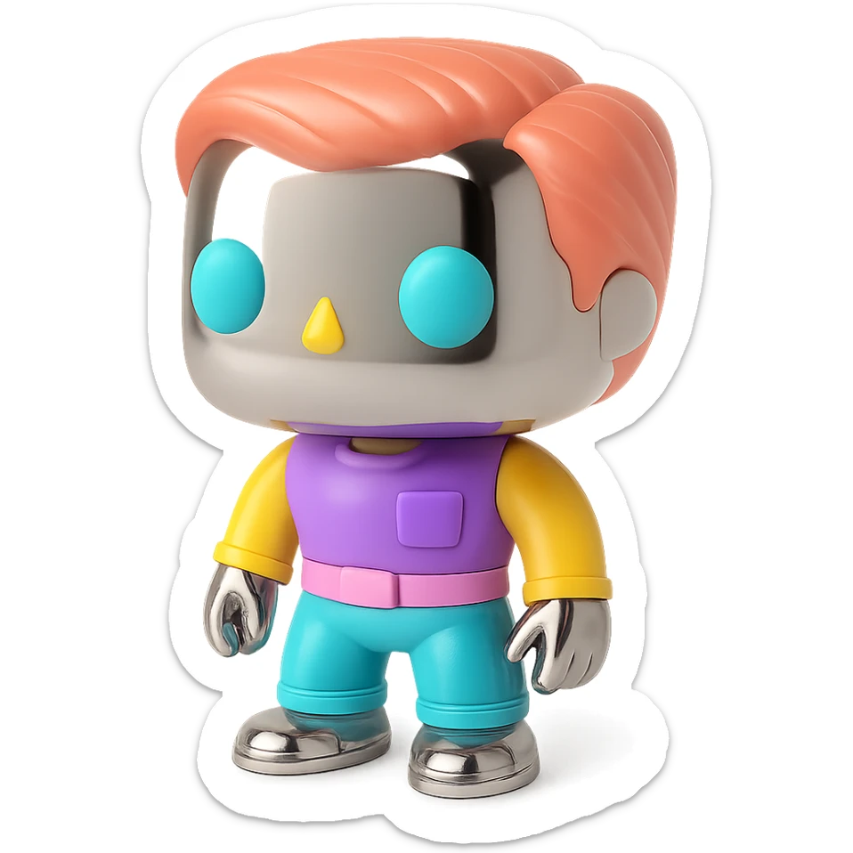Add bright, fun, and colorful eyes, hair, and clothing to each Funko Pop character, keeping their skin and base chrome and reflective. Preserve the chrome look overall while enhancing the details with vivid colors. sticker