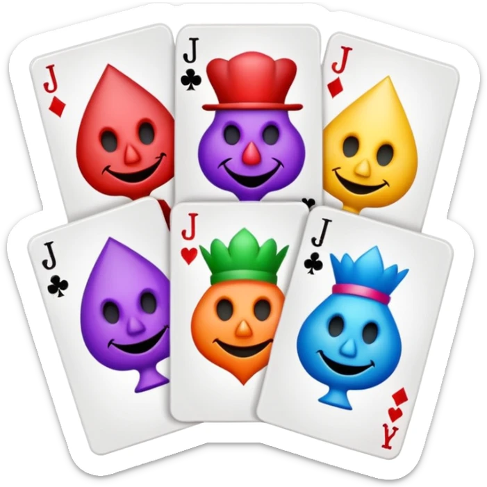 bunch of 3 poker cards, with crazy colorful jolly jokers inside, inversed face sticker