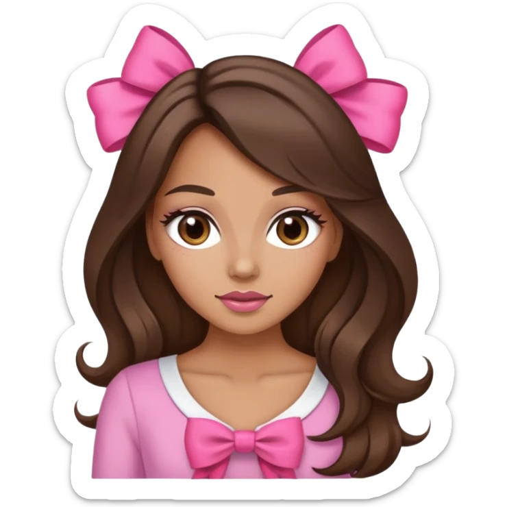tan skin, brunette, baddie, pretty makeup, long hair, pink bow sticker