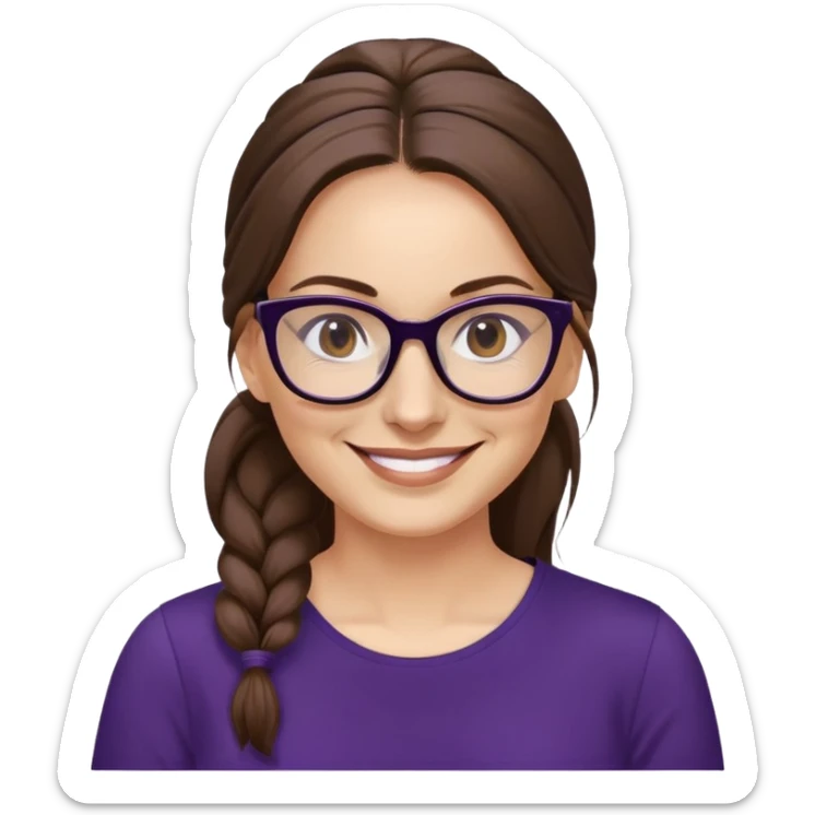 nữ 40 tuổi, da trắng, tóc dài được buộc gọn gàng màu nâu, mặt cười tươi vui vẻ, đeo kính màu đen, áo tím đậm sticker