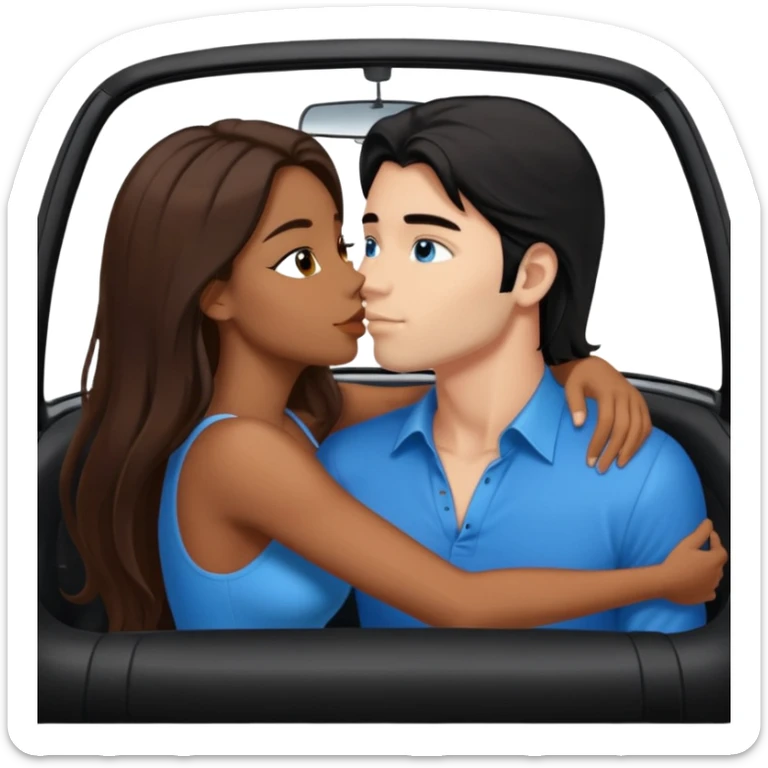 Brown sexy girl with brown eyes long brown hair and sexy white man with black hair blue eyes kissing in car sticker