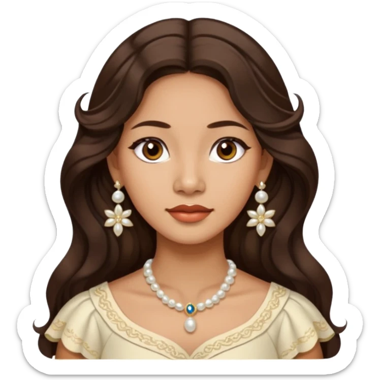 Tan Filipino woman with dark brown eyes and long dark wavy hair parted in the middle wearing a traditional filipiniana and white pearl stud earrings and no other jewelry sticker