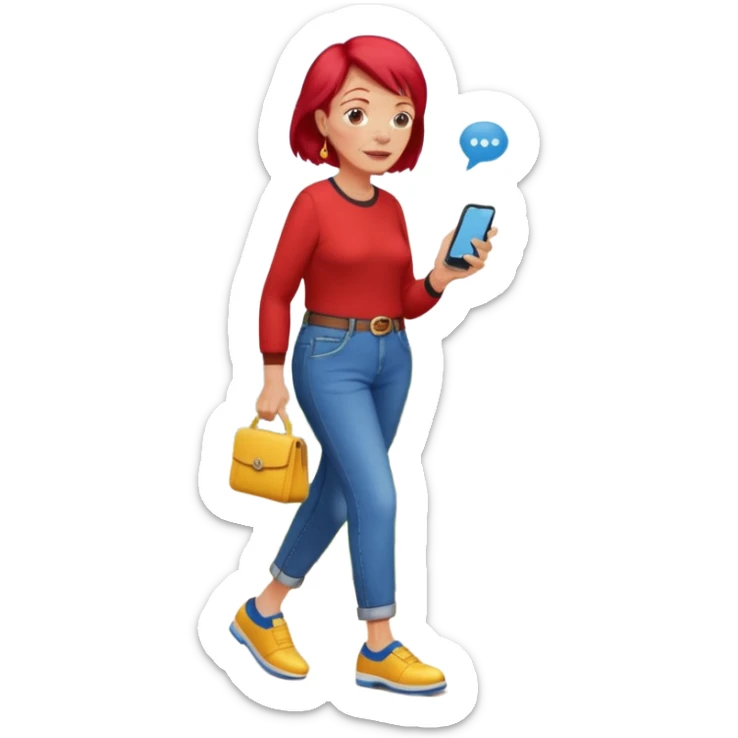 An old lady with red hair, wearing a red shirt, blue jeans, yellow shoes walking in a park holding a cell phone with a text bubble that says Have you checked in to the meetup? sticker