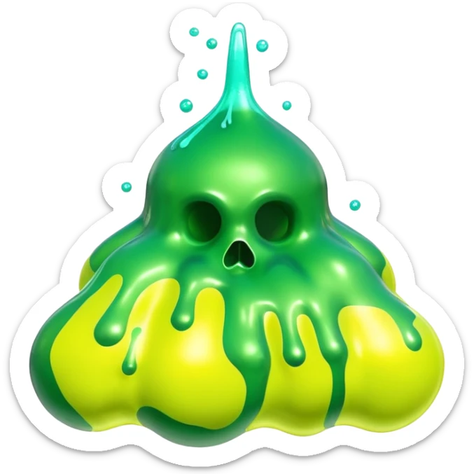 3D render of Oil Slick, toxic waste aesthetic, neon green bubbling liquid, caution yellow metal, industrial warning texture. sticker