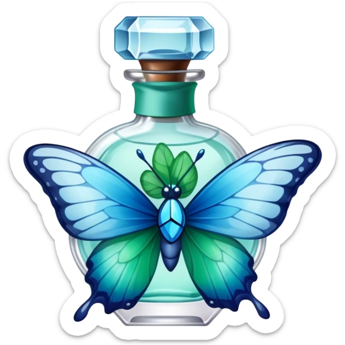 A glass perfume bottle with a soft blue ribbon tied around its neck, with a green and blue butterfly nearby. sticker