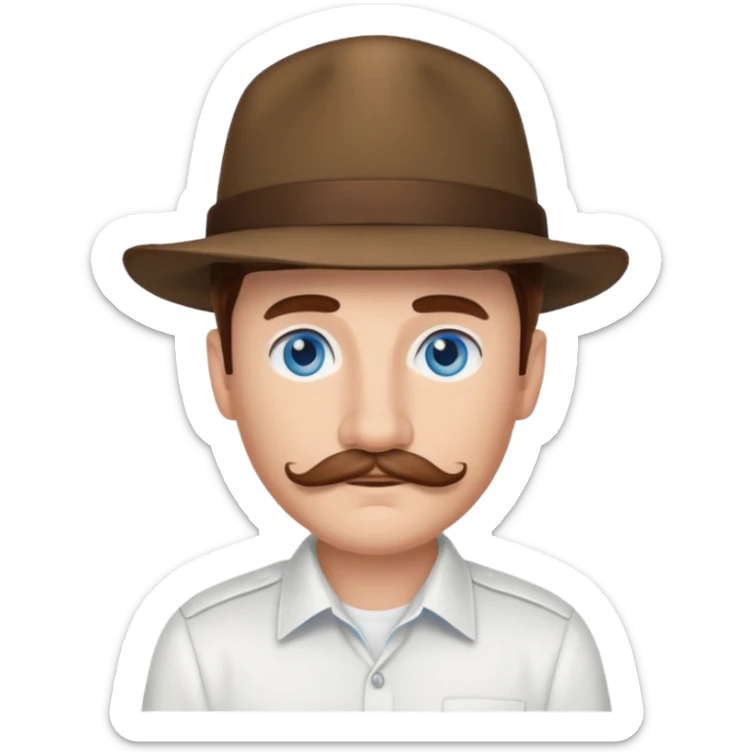 Justin Jeffre blue eyes, brown hair and mustache, white shirt and hat sticker