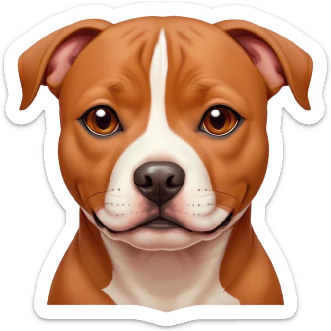 Cinematic Noble Red/Fawn Staffordshire Bull Terrier Portrait Emoji, Poised and regal, with a compact, muscular build and a sleek, well-groomed red/fawn Fur accented by subtle white markings, deep-set soulful dark eyes, Simplified yet sharp and sophisticated features, highly detailed, glowing with a soft, dignified glow, high shine, intelligent and loyal, stylized with an air of strength, focused and attentive, soft glowing outline, capturing the essence of a watchful and confident guardian, so majestic it feels as though it could stride out of the screen with effortless authority! sticker