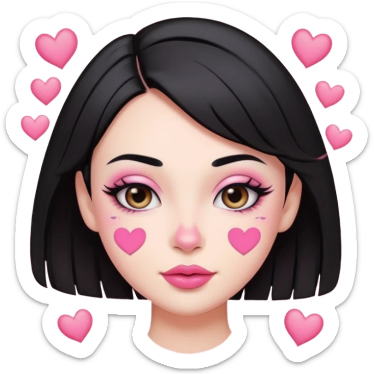 “Emoji girl, pastel pink streaks in black hair hair, bold winged eyeliner, heavy blush on cheeks and nose bridge, under-eye hearts, glossy pink lips, playful smirk.” sticker