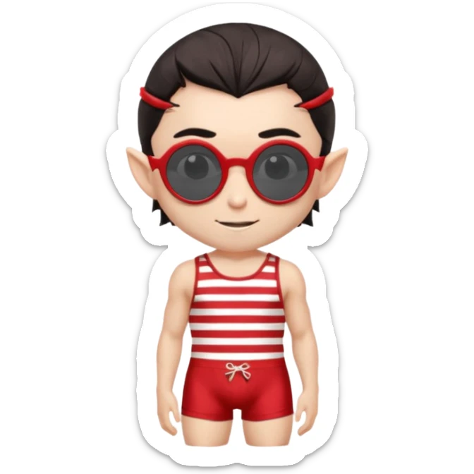 elf male legolas portrait, vintage striped swim briefs (red/white), round mirrored sunglasses, slicked-back dark hair, slight smile, sharp pointy ears, no background, centered emoji, retro summer sticker