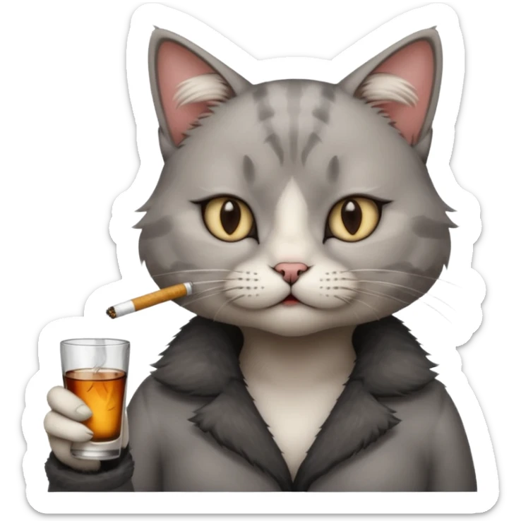 hazme a un gato fumando cigarro mientras toma alcohol y está depre sticker