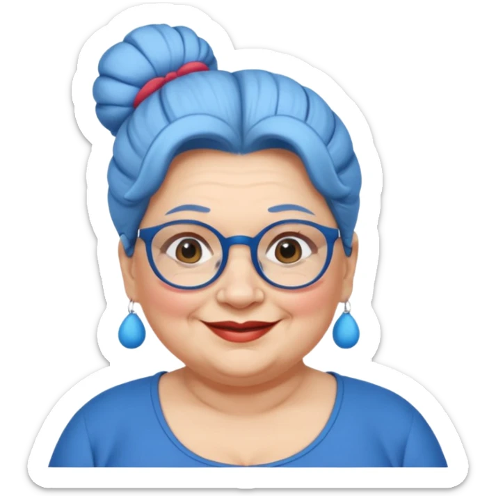 fat old woman with blue big bun hair and glassess, no earrings sticker