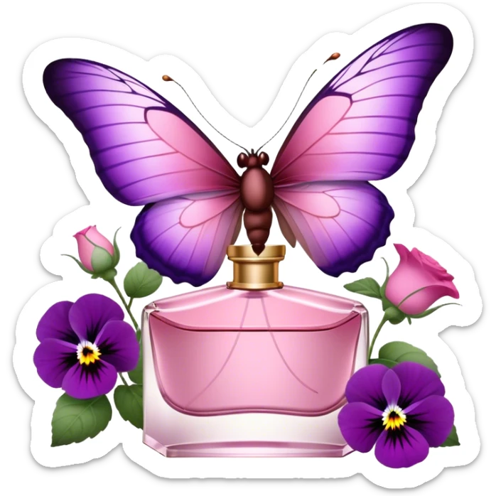 A butterfly with striking Tyrian Purple and Jasper Red wings delicately lands on a Rosewater Pink perfume bottle. Misty Rose pansies bloom softly around, creating a dreamy, romantic scene." sticker