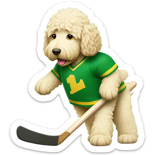 Cream labradoodle playing hockey in a green and yellow jersey  sticker