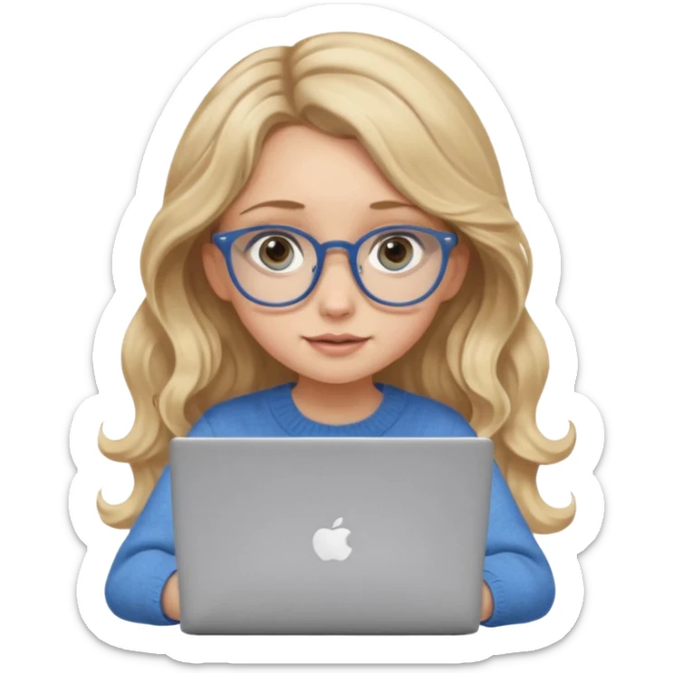 blonde girl with long dark blonde wavy hair, blue big eyes, pantos-style glasses, a brown sweater, sitting and looking in laptop, soft pastel, upper body shot sticker