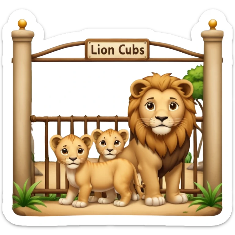 Un letrero del zoológico que dice “LION CUBS — BORN LAST WEEK” y delante una leona con sus cachorros recién nacidos, con la gente mirando emocionada desde la reja.






 sticker