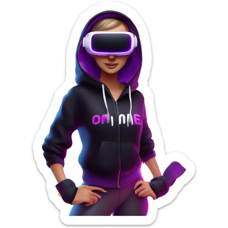 Russian girl wearing black hoody with violet letters "OMG", in vr headset oculus quest2. Dancing. Cyberpunk style. Violet neon. sticker