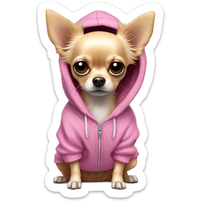   wirey fur long haired blonde chihuahua in a huge pink hoodie with ears back and sad eyes sticker
