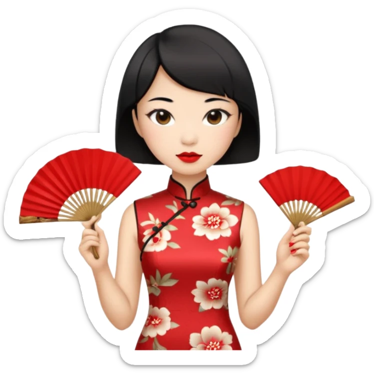 a chinese woman wearing a cheongsam holding a folding fan elegantly with fancy, red lipstick and short black hair sticker