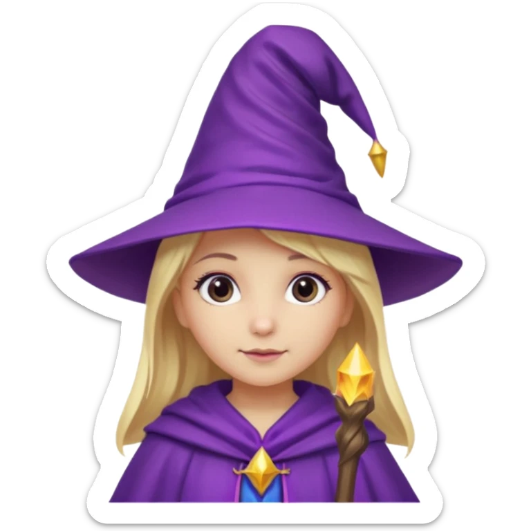 adorable wizard girl, blonde hair, purple wizard hat sticker
