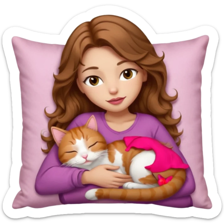 girl with long wavy brown hair, brown eyes, long lashes makeup, sexy pink lips, light to medium complexion,  sleeping on a cozy pillow, with 6 cats: 1 brown tabby cat, 1 ginger and white cat, 2 grey and white cats, 1 grey with white mittens and small white patch on chest cat and 1 calico cat sticker